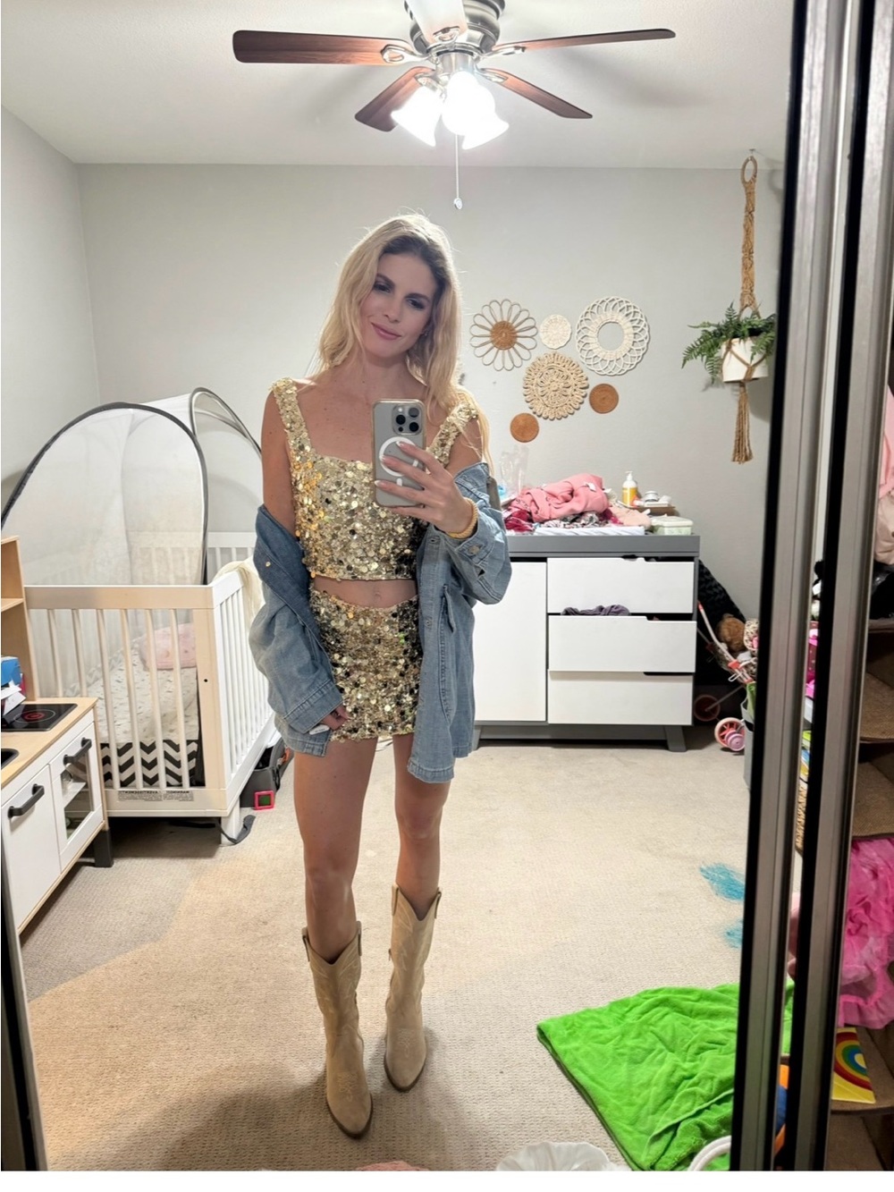 Show Me Your MuMu Gold Sequin Crop Top & Mini Skirt Set
